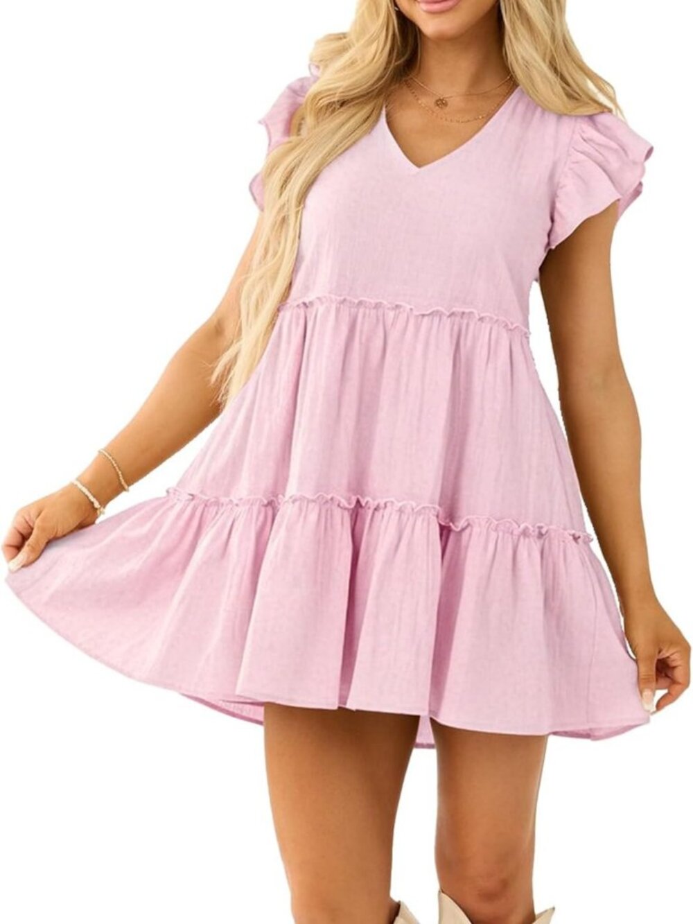 Summer Ruffle Sleeve Flowy Mini Dress | Casual V Neck A-Line Tiered with Pockets